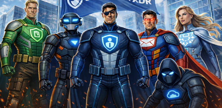 Illustration of a team of cloud security superheroes standing in front of modern office buildings